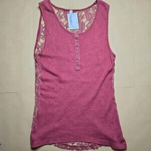 American Age lace back tank top faux snaps sheer lace back rustic red Large